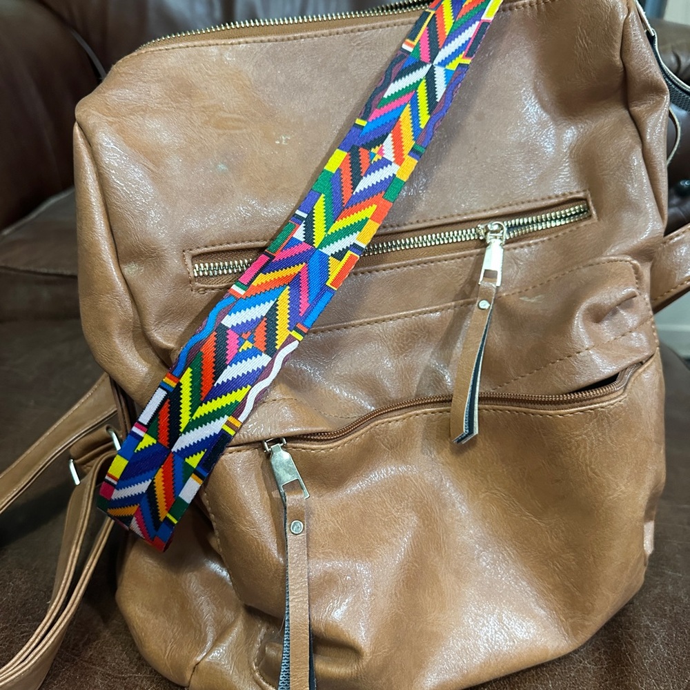 Brown Backpack with Colorful Strap